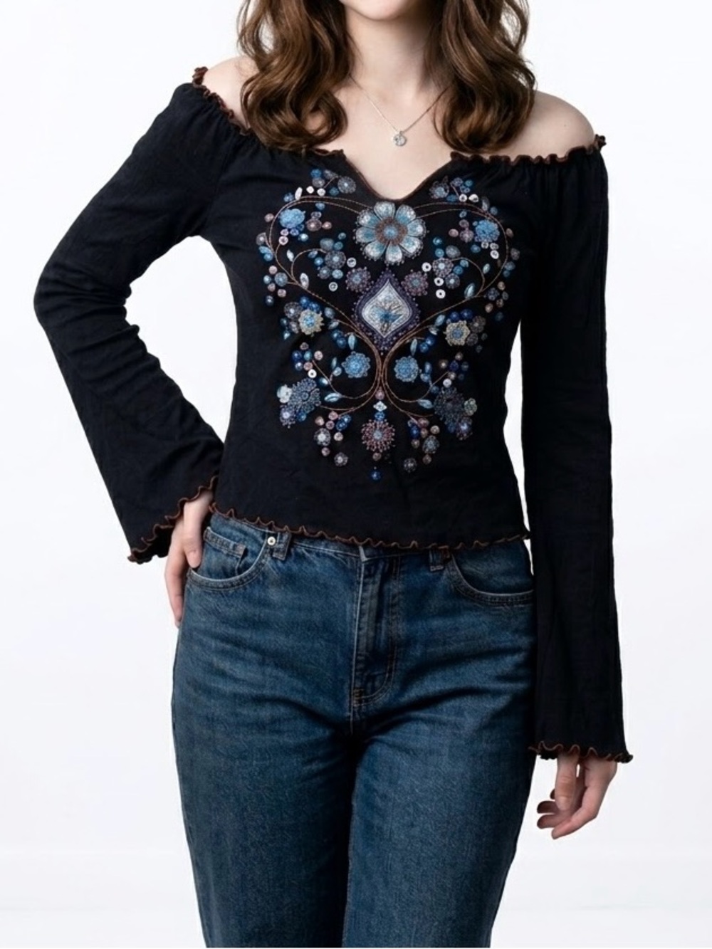 🦋 Vintage Y2K F.A.N.G Black Beaded Floral Embroidered Lettuce Hem Top Womens M